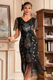 Black Champange V Neck Fringe 1920s Gatsby Dress With Sequins