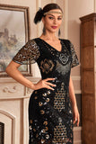 Black Champange V Neck Fringe 1920s Gatsby Dress With Sequins