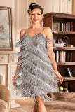 Grey Spaghetti Straps Fringed Roaring 20s Great Gatsby Dress