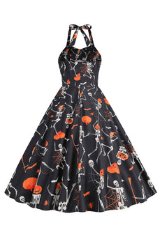 Halloween Black Halter Pumpkin Printed 1950s Dress