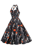 Halloween Black Halter Pumpkin Printed 1950s Dress