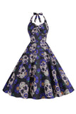 Halloween Black Halter Pumpkin Printed 1950s Dress