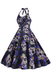 Halloween Black Halter Pumpkin Printed 1950s Dress