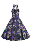 Halloween Black Halter Pumpkin Printed 1950s Dress