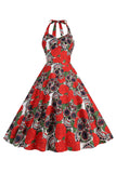 Halloween Black Halter Pumpkin Printed 1950s Dress