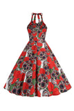 Halloween Black Halter Pumpkin Printed 1950s Dress