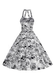 Halloween Black Halter Pumpkin Printed 1950s Dress