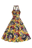 Halloween Black Halter Pumpkin Printed 1950s Dress