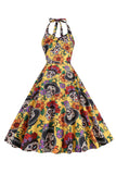 Halloween Black Halter Pumpkin Printed 1950s Dress