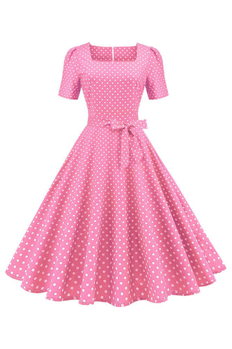 Pink Polka Dots Short Sleeves 1950s Dress