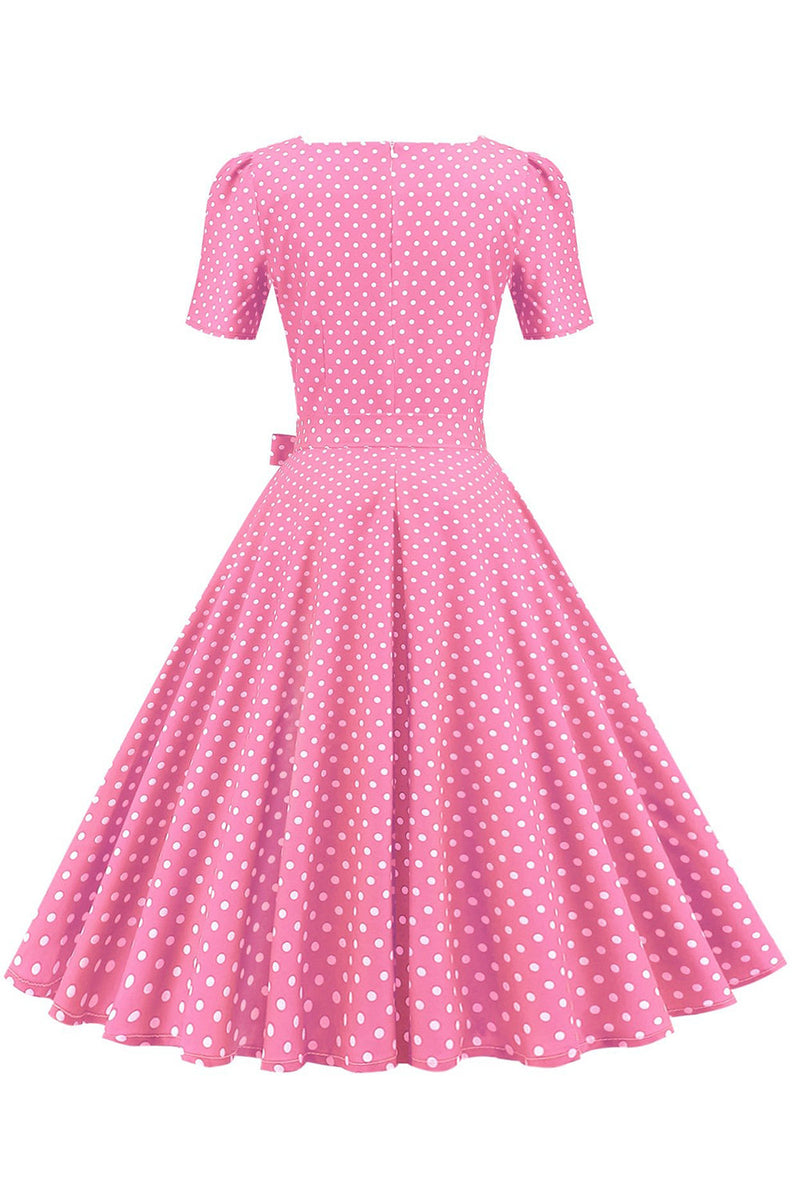 Load image into Gallery viewer, Pink Polka Dots Short Sleeves 1950s Dress