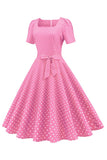 Pink Polka Dots Short Sleeves 1950s Dress