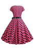 Load image into Gallery viewer, Pink Black Polka Dots Cap Sleeves 1950s Dress