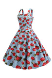 Strawbarries Printed Blue Sleeveless 1950s Dress