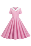 A Line Pink Short Sleeveless 1950s Dress