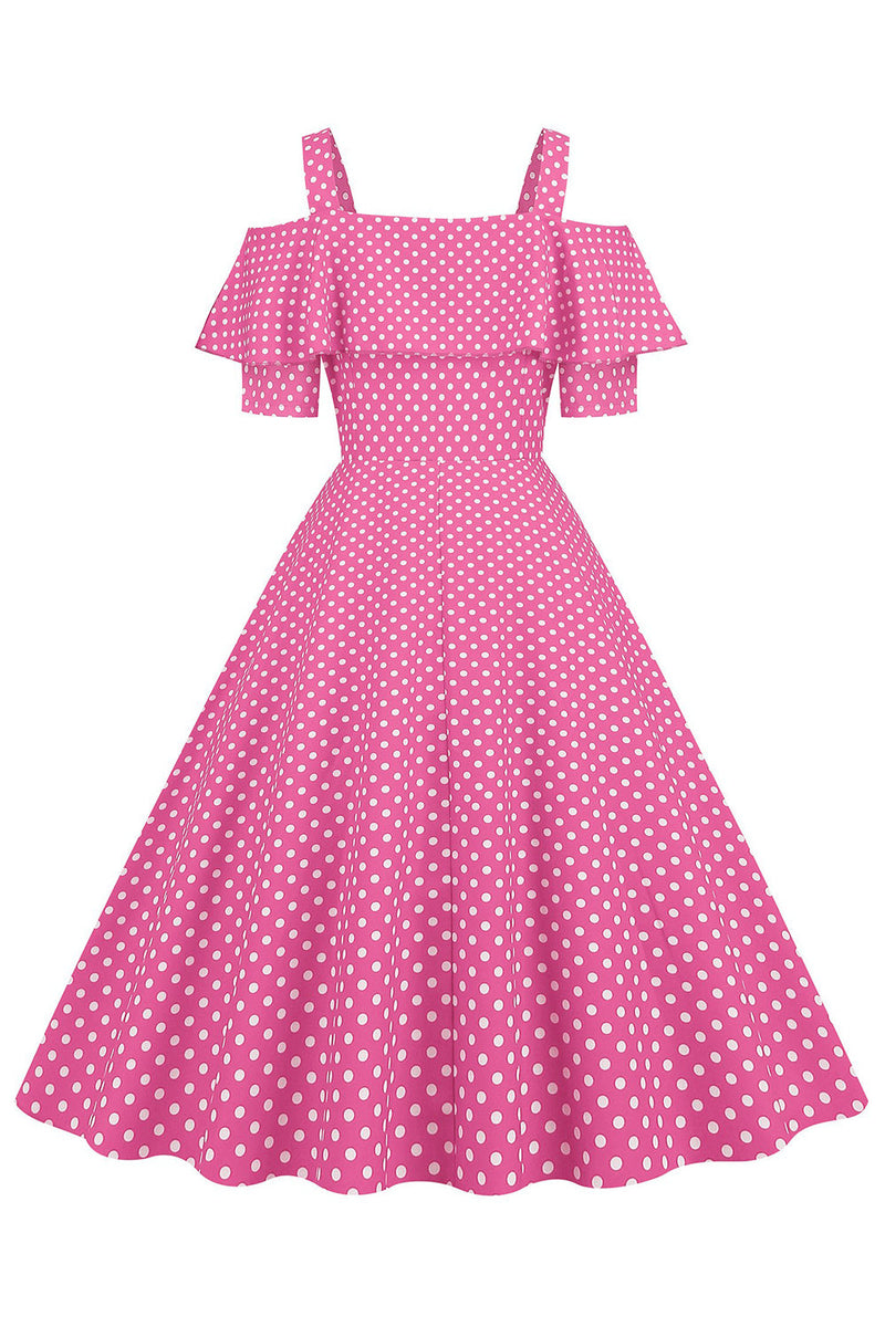 Load image into Gallery viewer, Cold Shoulder Polka Dots Pink 1950s Dress