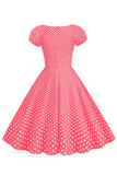 Pink Red Polka Dots Puff Sleeves 1950s Dress