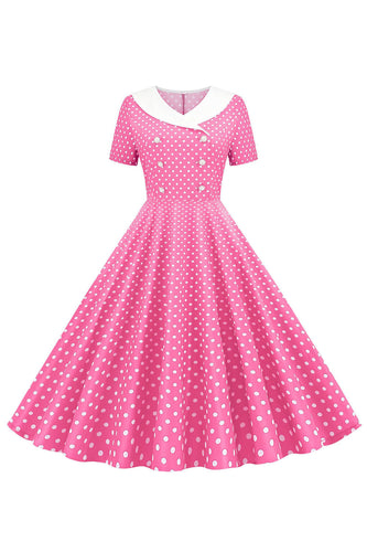Polka Dots Pink Boat Neck Short Sleeves 1950s Dress With Bowknot