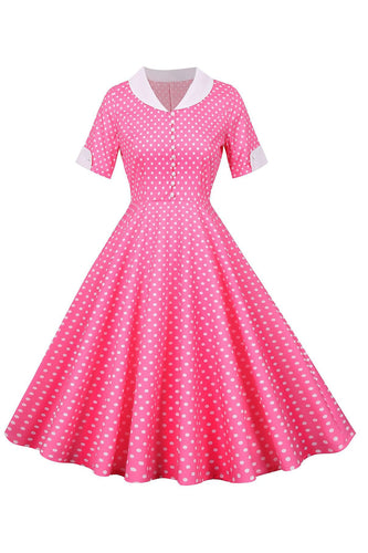 Pink Polka Dots Peter Pan Vintage Dress With Buttons