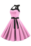 Pink Polka Dots Halter 1950s Dress With Bowknot