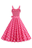 Pink Spaghetti Straps Polka Dots 1950s Dress With Bowknot