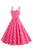 Pink Spaghetti Straps Polka Dots 1950s Dress With Bowknot