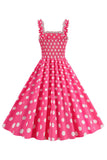 Pink Polka Dots A Line Smocked 1950s Dress