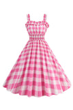 Pink Plaid A Line Smocked 1950s Dress