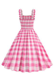 Pink Plaid A Line Smocked 1950s Dress