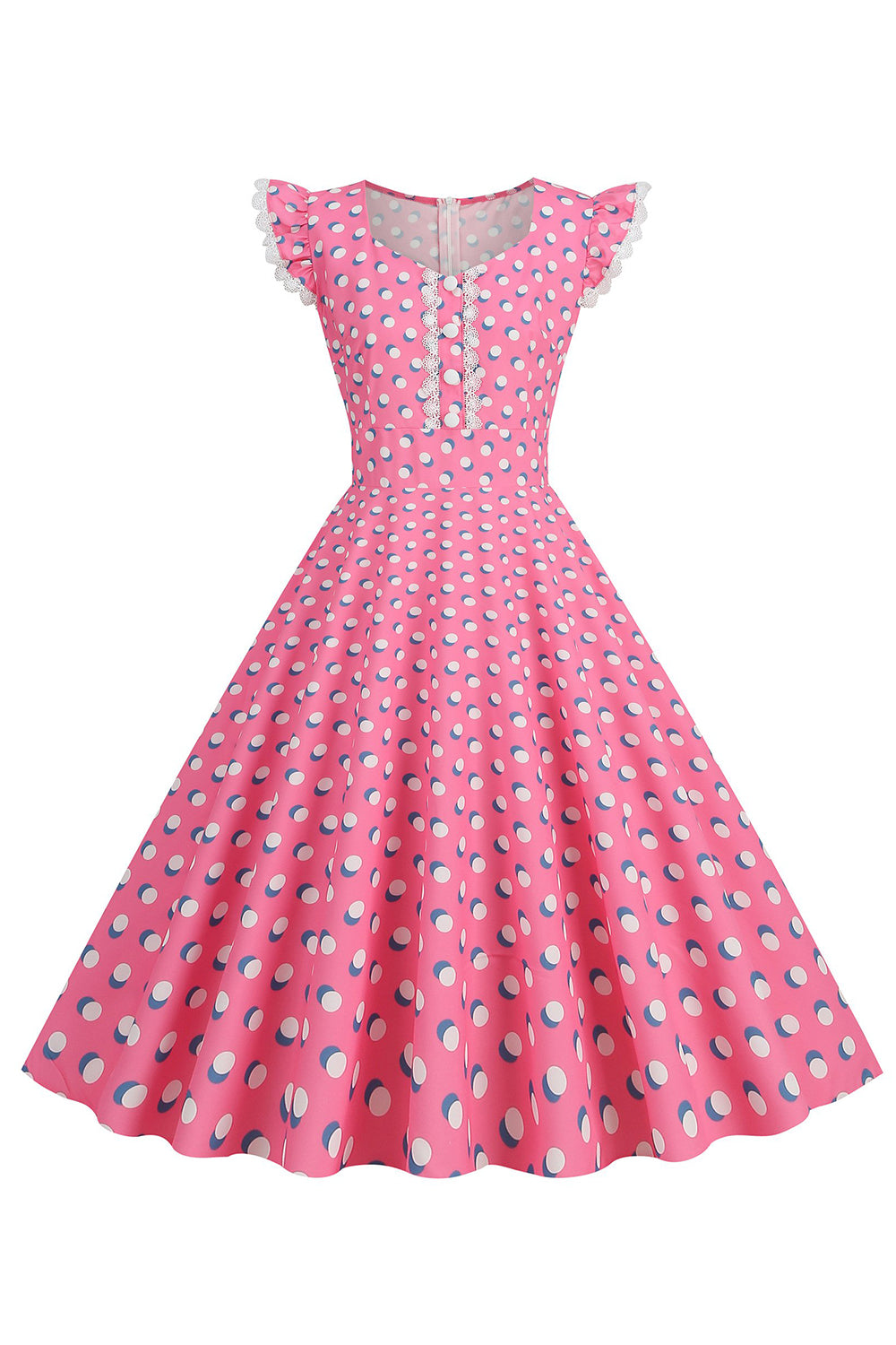 A Line Pink Polka Dots Flutter Sleeves Vintage Dress