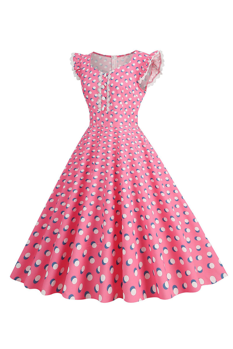 Load image into Gallery viewer, A Line Pink Polka Dots Flutter Sleeves Vintage Dress