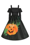 Halloween Pumpkin Printed Black Cold Shoulder VIntage Dress