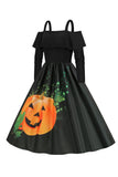 Halloween Pumpkin Printed Black Cold Shoulder VIntage Dress