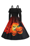 Halloween Pumpkin Printed Black Cold Shoulder VIntage Dress