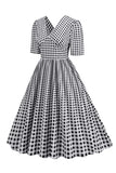 Black Plaid V-Neck Short Sleeves 1950s Dress