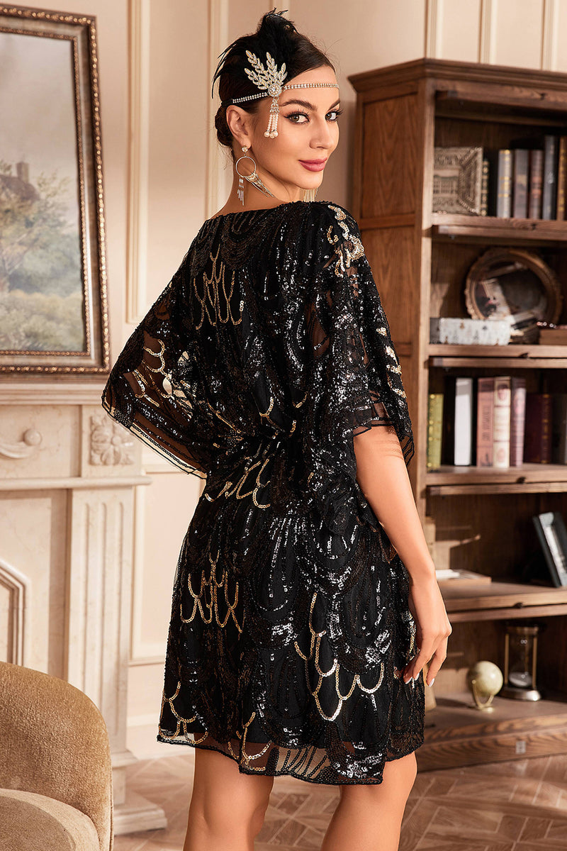 Load image into Gallery viewer, Black Sequins Flapper Dress with Batwing Sleeves