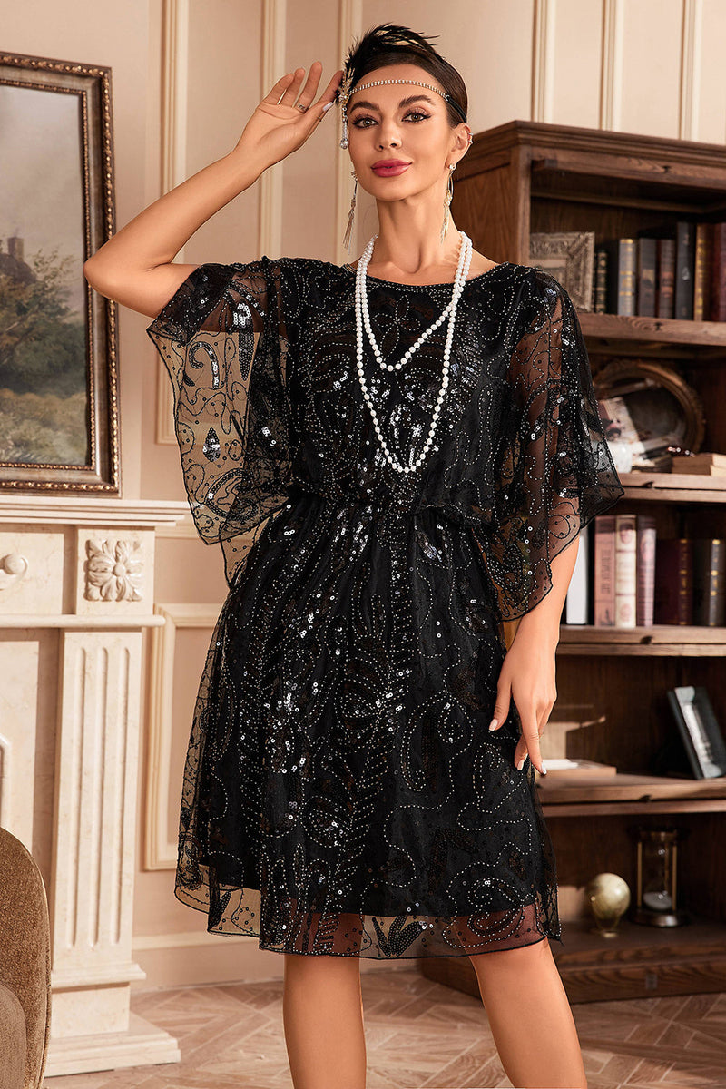 Load image into Gallery viewer, Batwing Sleeves Black Sequins 1920s Dress