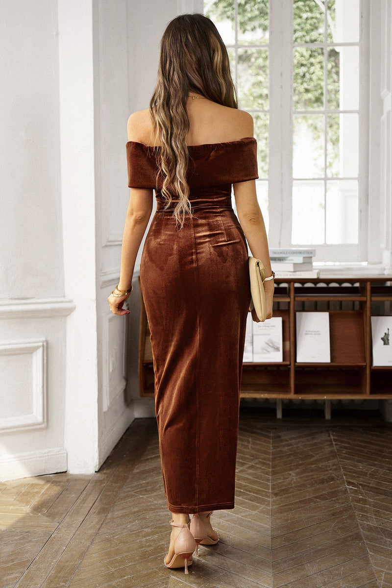 Load image into Gallery viewer, Brown Off the Shoulder Bodycon Work Dress