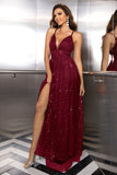 Burgundy Spaghetti Straps Open Back Prom Dress With Slit