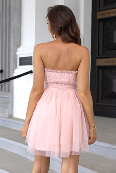 Pink Strapless A Line Tulle Short Homecoming Dress