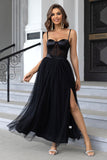 Black Spaghetti Straps A Line Tulle Open Back Long Prom Dress