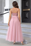 Black Spaghetti Straps A Line Tulle Open Back Long Prom Dress