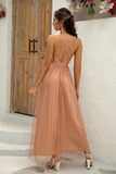 Fuchsia Deep V Neck A Line Sparkly Long Prom Dress With Slit