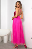 Fuchsia Deep V Neck A Line Sparkly Long Prom Dress With Slit