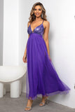 Fuchsia Deep V Neck A Line Sparkly Long Prom Dress With Slit