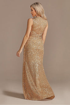 Champagne V-Neck High Low Sequin Prom Dress