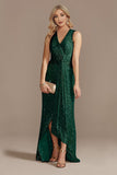 Champagne V-Neck High Low Sequin Prom Dress