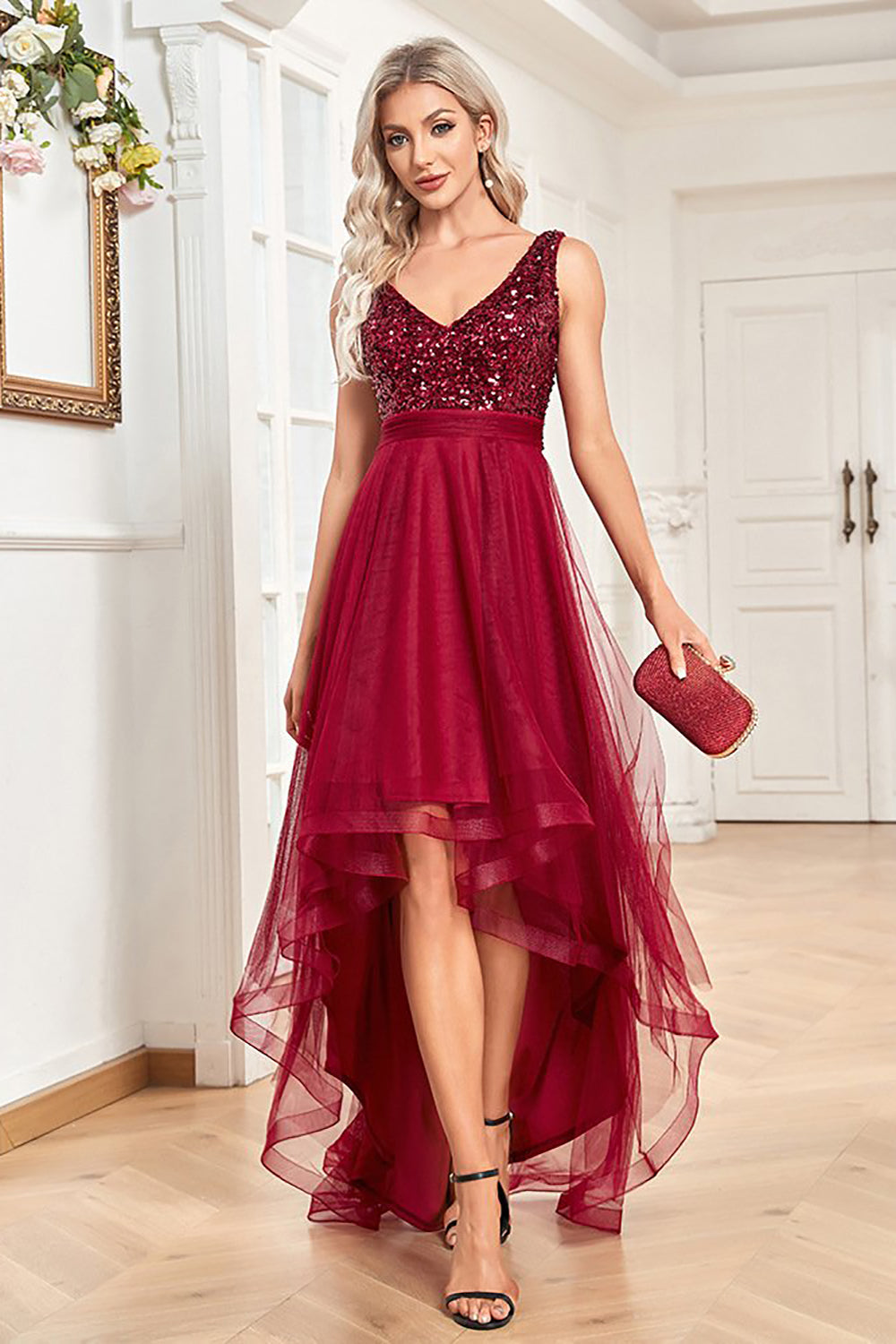 High Low Burgundy Sparkly Sequin V-Neck Prom Dress