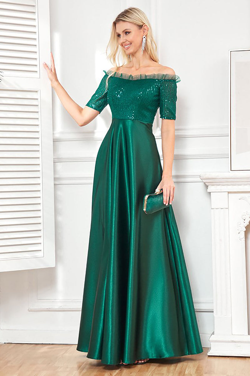 Load image into Gallery viewer, Off the Shoulder Dark Green Sparkly Sequin Long Prom Dress With Slit