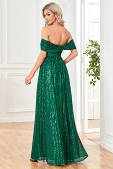 Sparkly Sequin Dark Green Off the Shoulder A Line Prom Dress With Slit